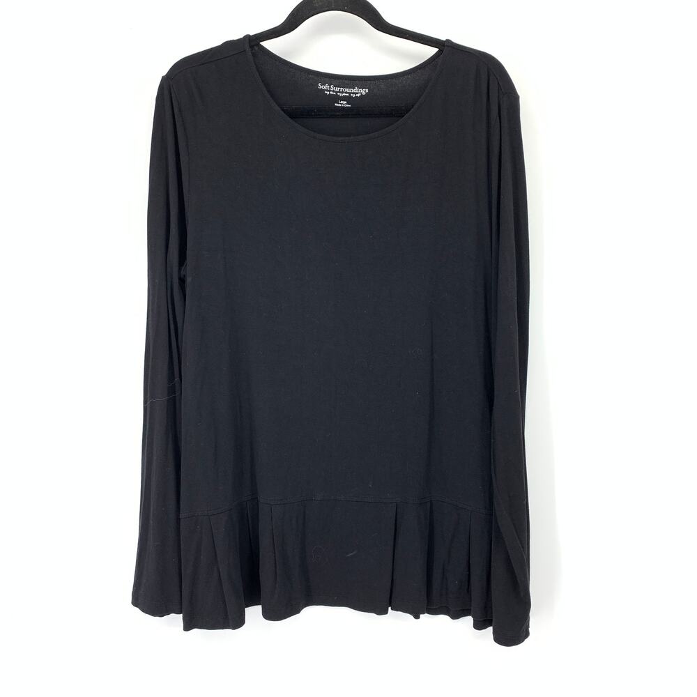 Soft Surroundings Shirt Womens Large Black Pleated Peplum Jersey Knit Scoop Neck
